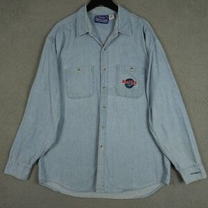 Vintage 90s Hard Rock Cafe Shirt Mens XL Blue Denim Sacramento CA Button Up